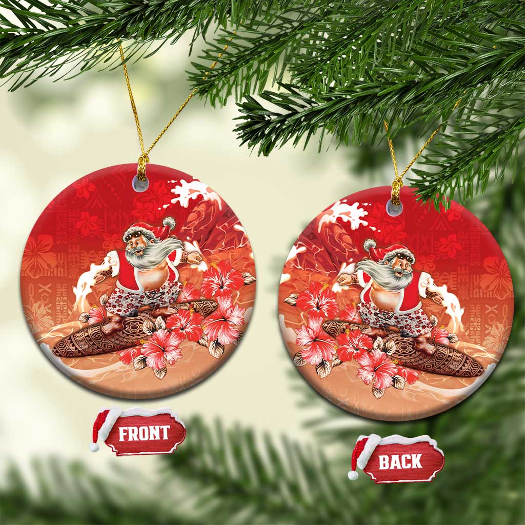 Hawaii Funny Christmas Ceramic Ornament Santa Surfing With Tapa Pattern - Polynesian Pride