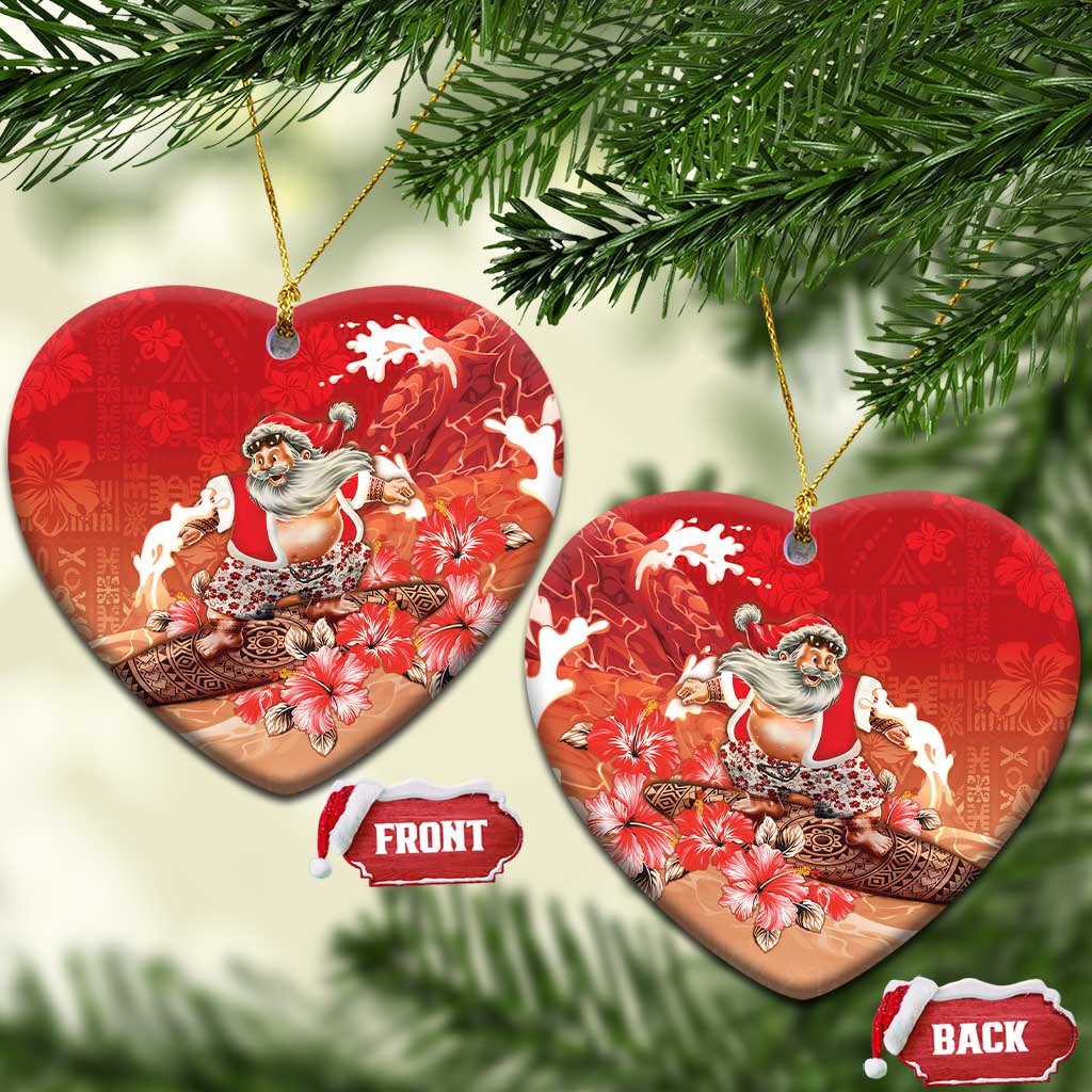 Hawaii Funny Christmas Ceramic Ornament Santa Surfing With Tapa Pattern - Polynesian Pride