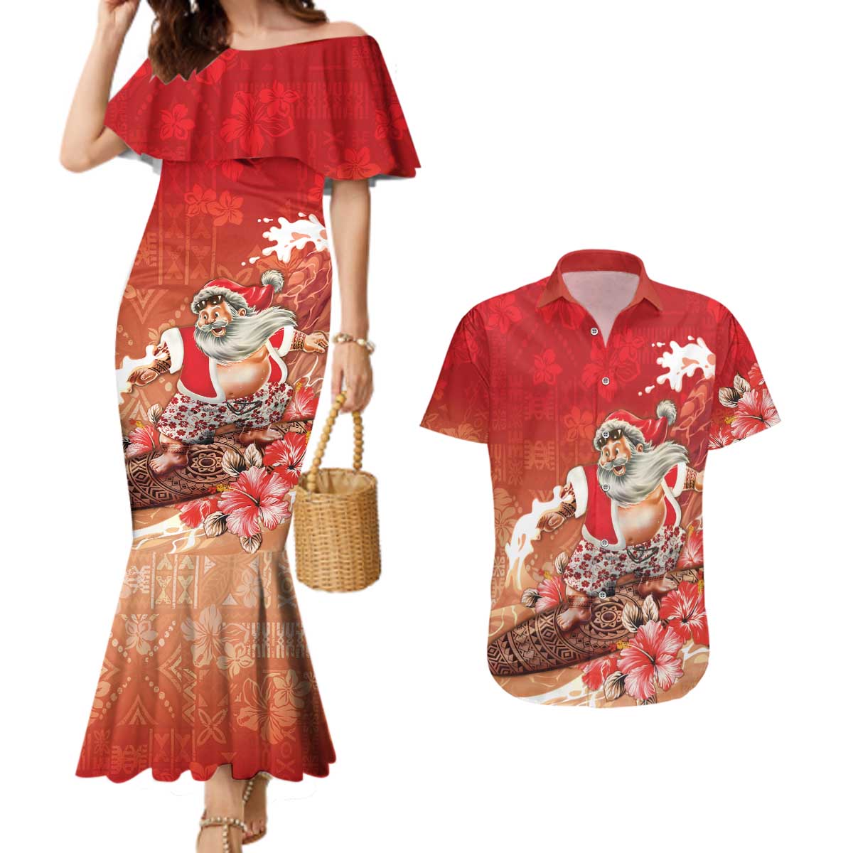 Hawaii Funny Christmas Couples Matching Mermaid Dress and Hawaiian Shirt Santa Surfing With Tapa Pattern LT05 Red - Polynesian Pride