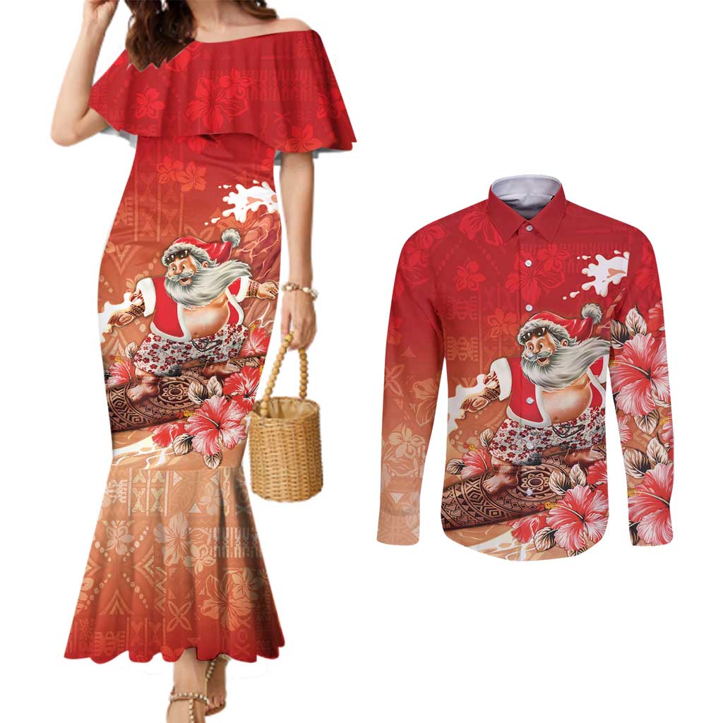 Hawaii Funny Christmas Couples Matching Mermaid Dress and Long Sleeve Button Shirt Santa Surfing With Tapa Pattern LT05 Red - Polynesian Pride