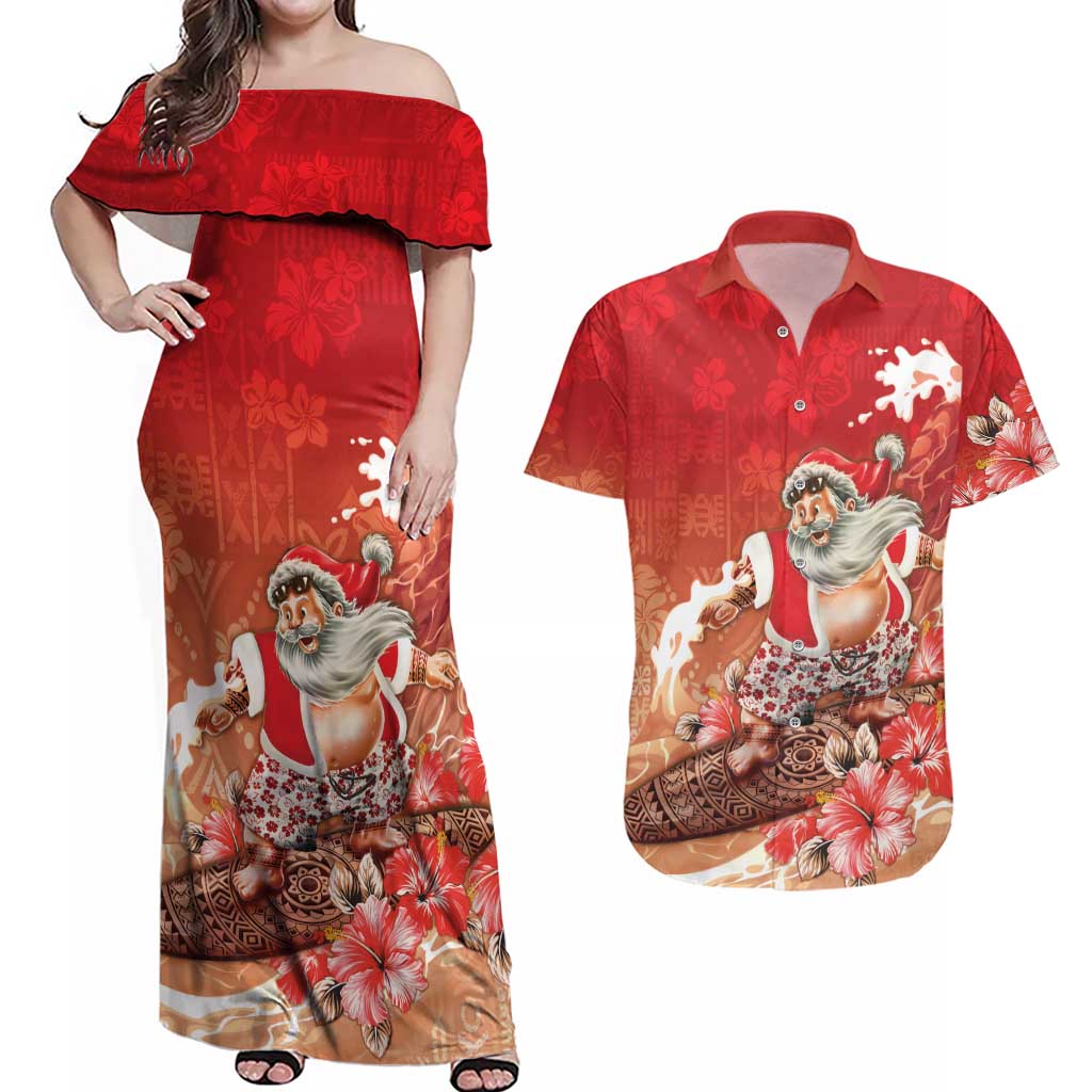Hawaii Funny Christmas Couples Matching Off Shoulder Maxi Dress and Hawaiian Shirt Santa Surfing With Tapa Pattern - Polynesian Pride