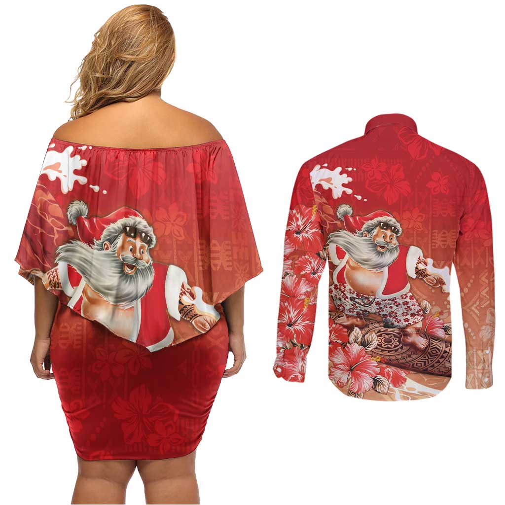 Hawaii Funny Christmas Couples Matching Off Shoulder Short Dress and Long Sleeve Button Shirt Santa Surfing With Tapa Pattern - Polynesian Pride