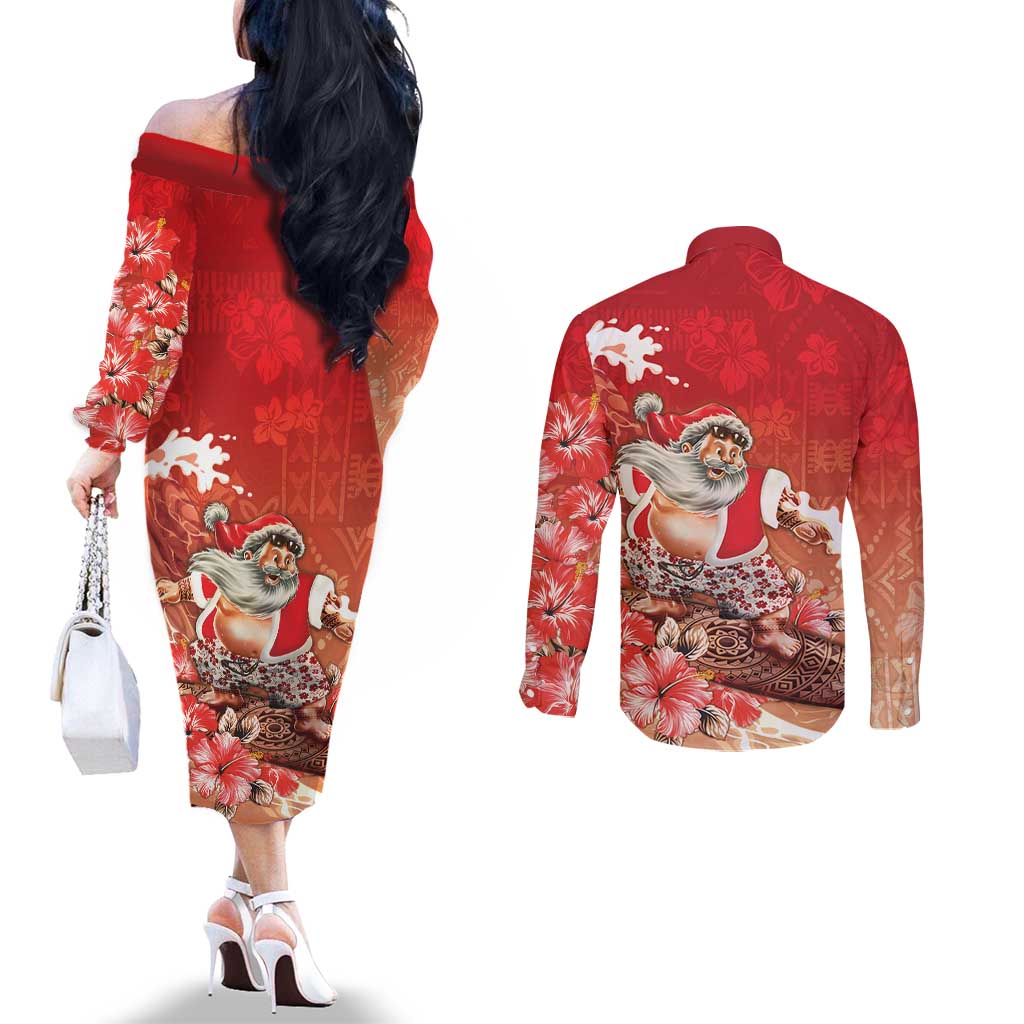 Hawaii Funny Christmas Couples Matching Off The Shoulder Long Sleeve Dress and Long Sleeve Button Shirt Santa Surfing With Tapa Pattern LT05 - Polynesian Pride