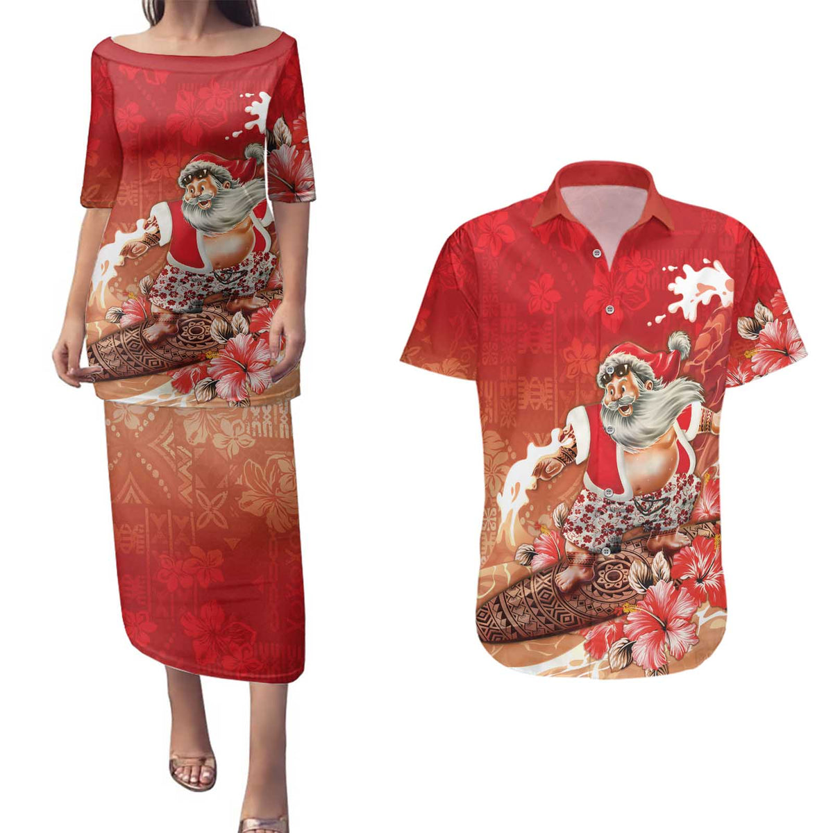 Hawaii Funny Christmas Couples Matching Puletasi and Hawaiian Shirt Santa Surfing With Tapa Pattern LT05 Red - Polynesian Pride