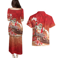 Hawaii Funny Christmas Couples Matching Puletasi and Hawaiian Shirt Santa Surfing With Tapa Pattern LT05 - Polynesian Pride