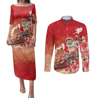 Hawaii Funny Christmas Couples Matching Puletasi and Long Sleeve Button Shirt Santa Surfing With Tapa Pattern LT05 Red - Polynesian Pride