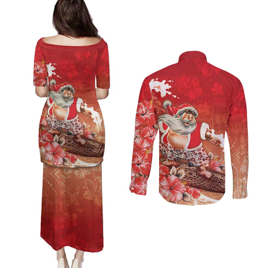 Hawaii Funny Christmas Couples Matching Puletasi and Long Sleeve Button Shirt Santa Surfing With Tapa Pattern LT05 - Polynesian Pride