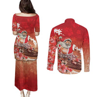 Hawaii Funny Christmas Couples Matching Puletasi and Long Sleeve Button Shirt Santa Surfing With Tapa Pattern LT05 - Polynesian Pride
