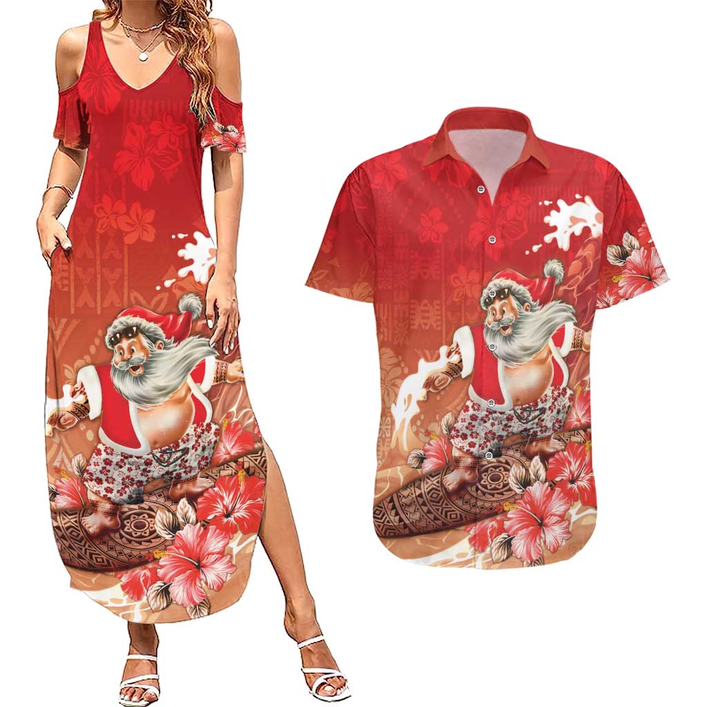 Hawaii Funny Christmas Couples Matching Summer Maxi Dress and Hawaiian Shirt Santa Surfing With Tapa Pattern LT05 Red - Polynesian Pride