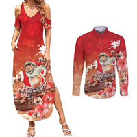 Hawaii Funny Christmas Couples Matching Summer Maxi Dress and Long Sleeve Button Shirt Santa Surfing With Tapa Pattern LT05 Red - Polynesian Pride
