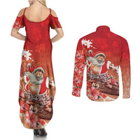 Hawaii Funny Christmas Couples Matching Summer Maxi Dress and Long Sleeve Button Shirt Santa Surfing With Tapa Pattern LT05 - Polynesian Pride