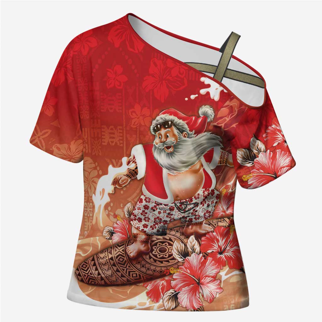 Hawaii Funny Christmas Cross Shoulder Shirt Santa Surfing With Tapa Pattern LT05 Female Red - Polynesian Pride