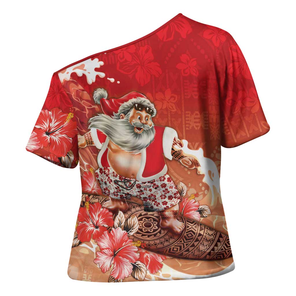 Hawaii Funny Christmas Cross Shoulder Shirt Santa Surfing With Tapa Pattern LT05 - Polynesian Pride