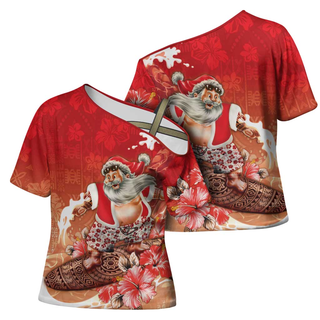 Hawaii Funny Christmas Cross Shoulder Shirt Santa Surfing With Tapa Pattern LT05 - Polynesian Pride