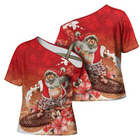 Hawaii Funny Christmas Cross Shoulder Shirt Santa Surfing With Tapa Pattern LT05 - Polynesian Pride