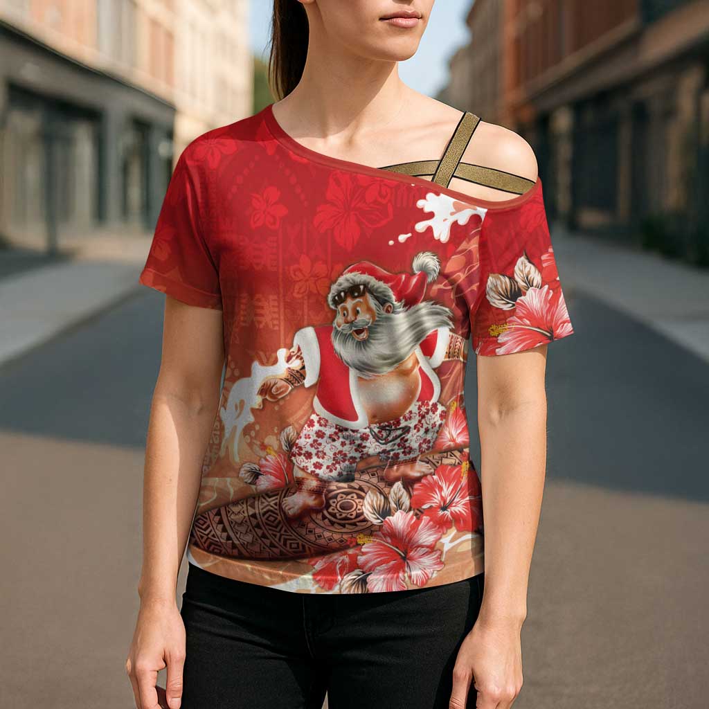 Hawaii Funny Christmas Cross Shoulder Shirt Santa Surfing With Tapa Pattern LT05 - Polynesian Pride
