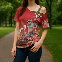 Hawaii Funny Christmas Cross Shoulder Shirt Santa Surfing With Tapa Pattern LT05 - Polynesian Pride