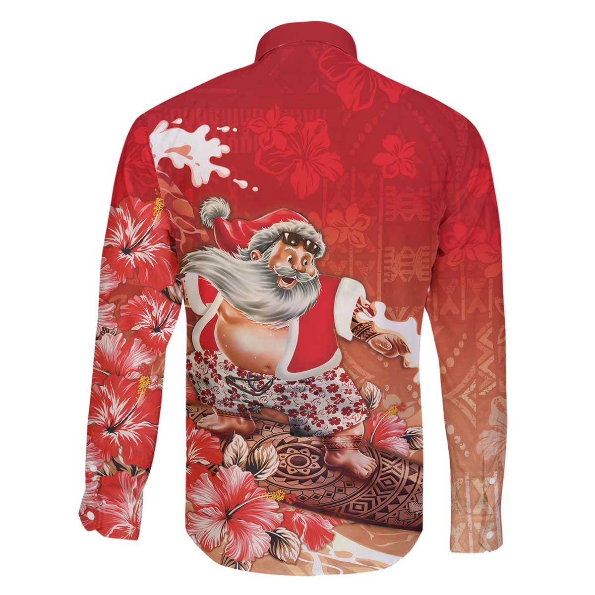 Hawaii Funny Christmas Family Matching Off The Shoulder Long Sleeve Dress and Hawaiian Shirt Santa Surfing With Tapa Pattern - Polynesian Pride