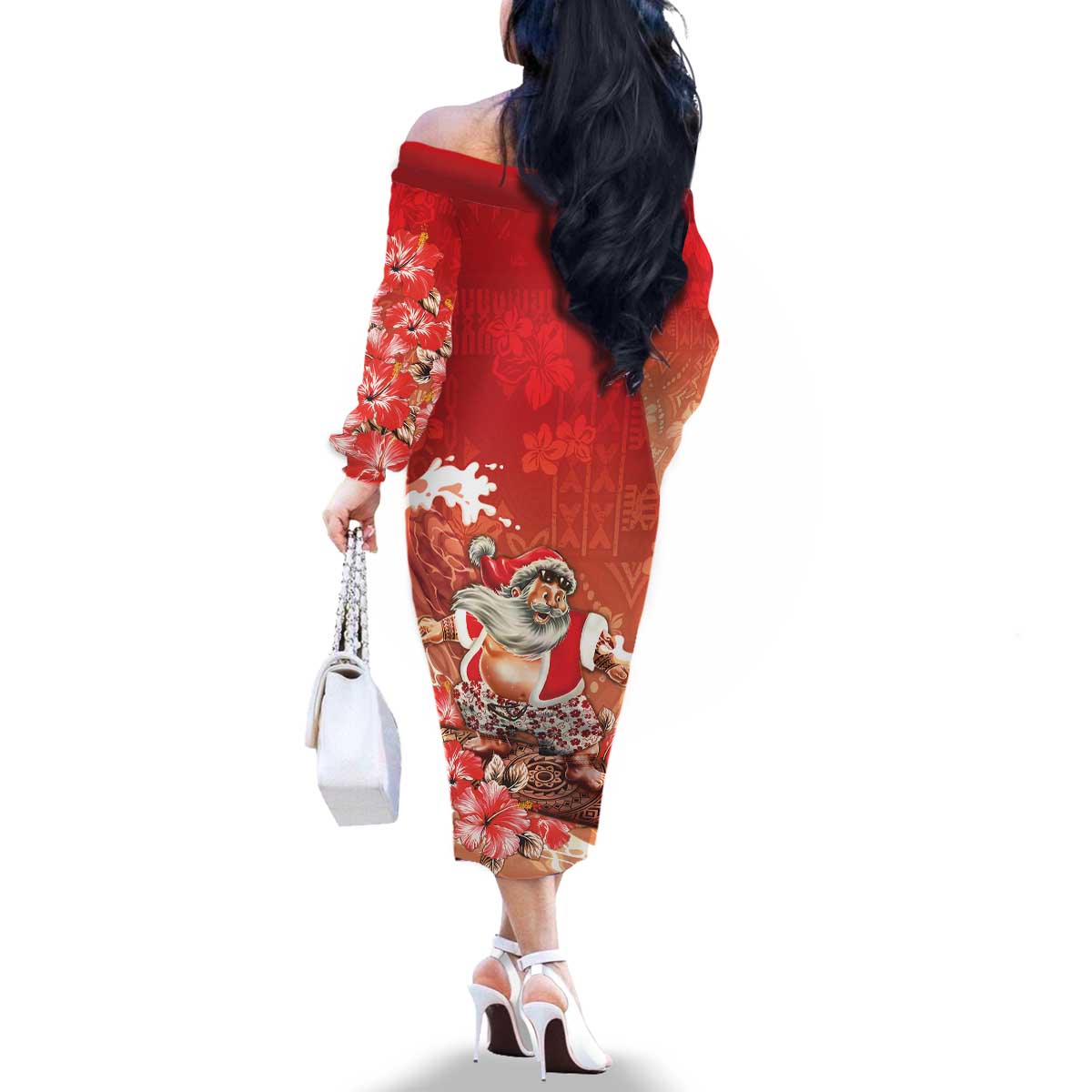 Hawaii Funny Christmas Family Matching Off The Shoulder Long Sleeve Dress and Hawaiian Shirt Santa Surfing With Tapa Pattern - Polynesian Pride