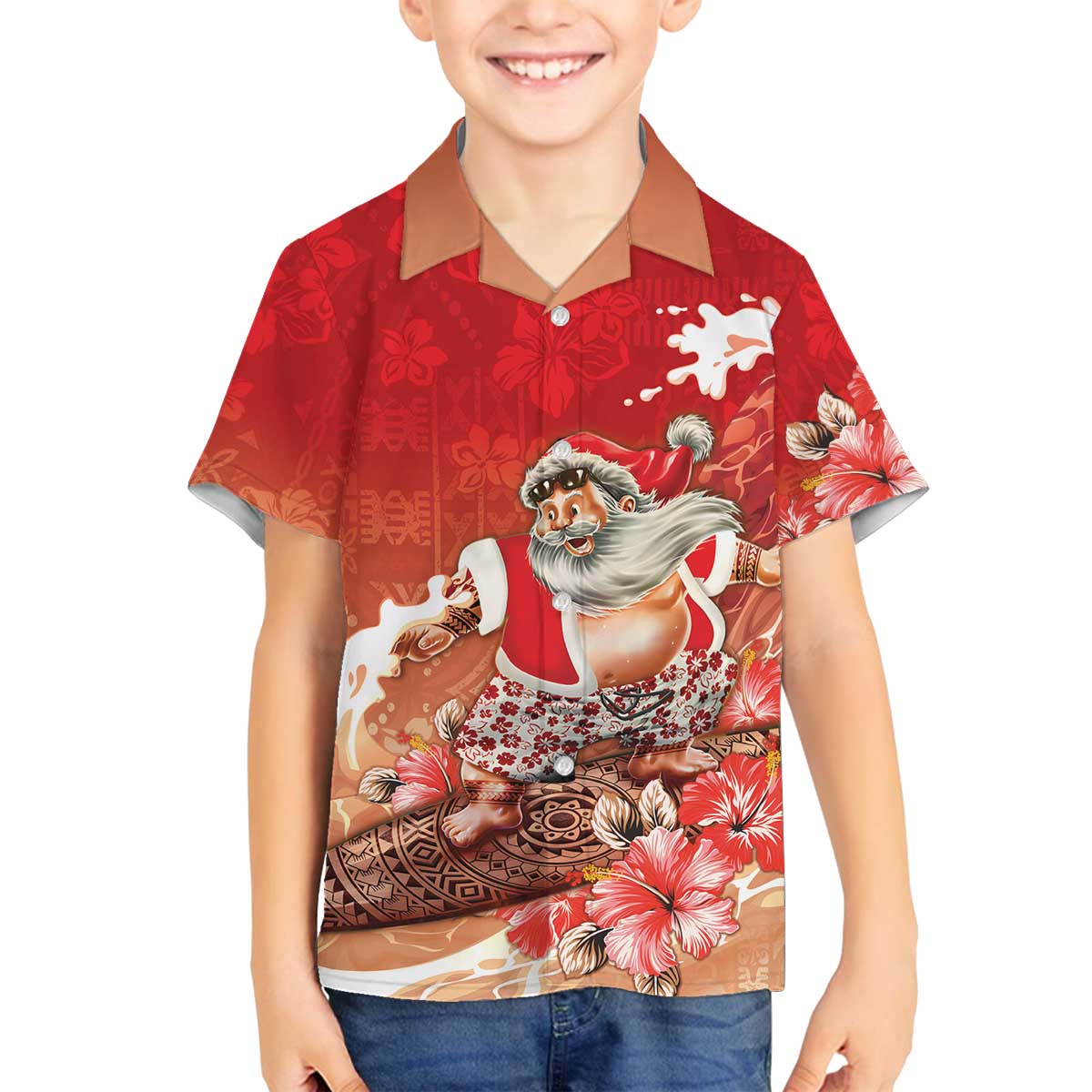 Hawaii Funny Christmas Family Matching Off The Shoulder Long Sleeve Dress and Hawaiian Shirt Santa Surfing With Tapa Pattern - Polynesian Pride