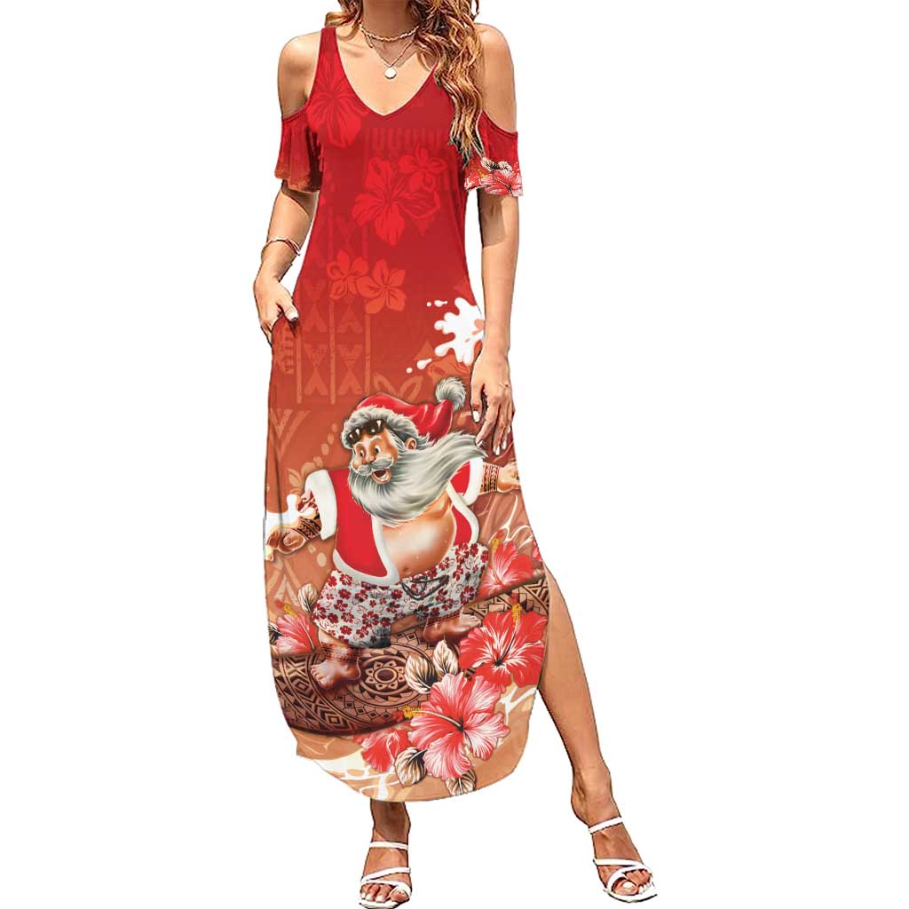 Hawaii Funny Christmas Family Matching Summer Maxi Dress and Hawaiian Shirt Santa Surfing With Tapa Pattern - Polynesian Pride