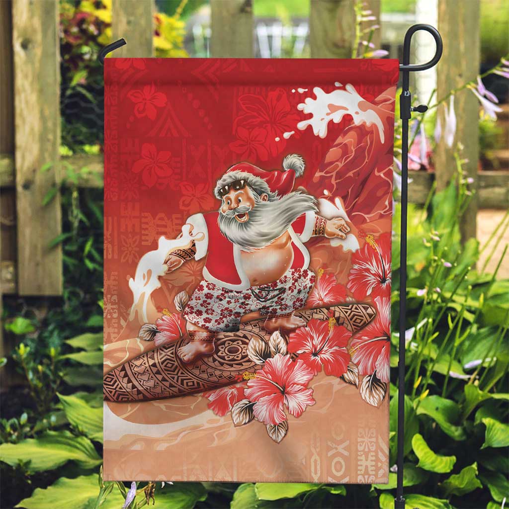 Hawaii Funny Christmas Garden Flag Santa Surfing With Tapa Pattern - Polynesian Pride