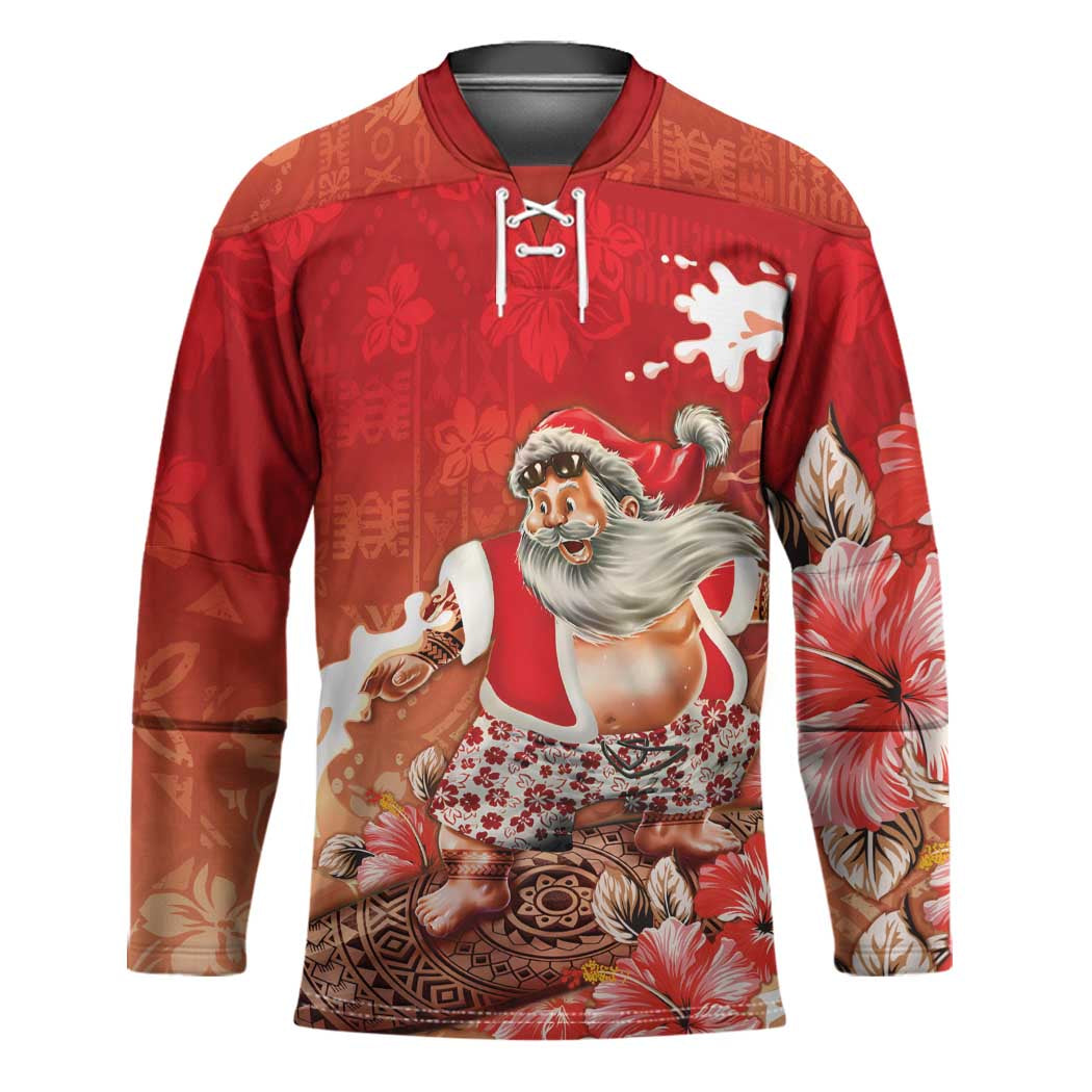 Hawaii Funny Christmas Hockey Jersey Santa Surfing With Tapa Pattern LT05 Unisex Red - Polynesian Pride