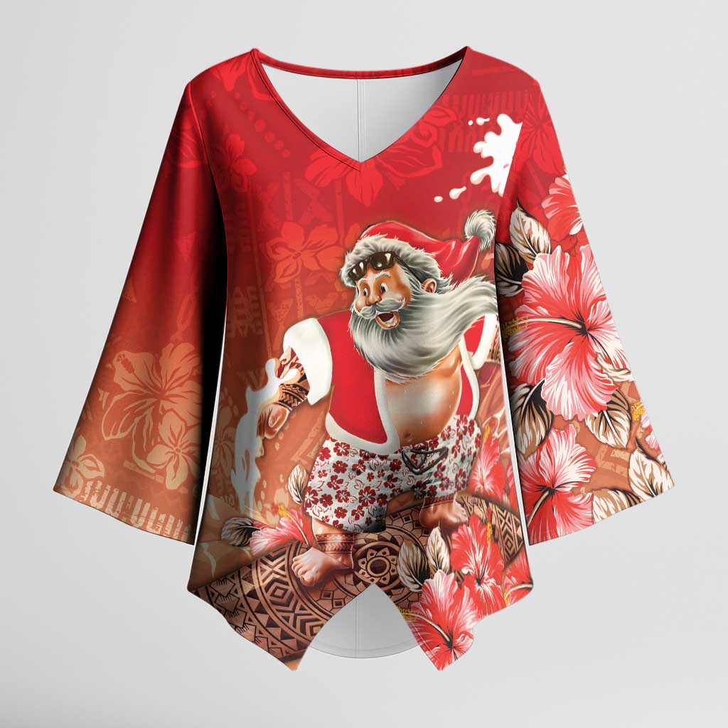 Hawaii Funny Christmas Kimono Sleeve Blouse Santa Surfing With Tapa Pattern LT05 Female Red - Polynesian Pride