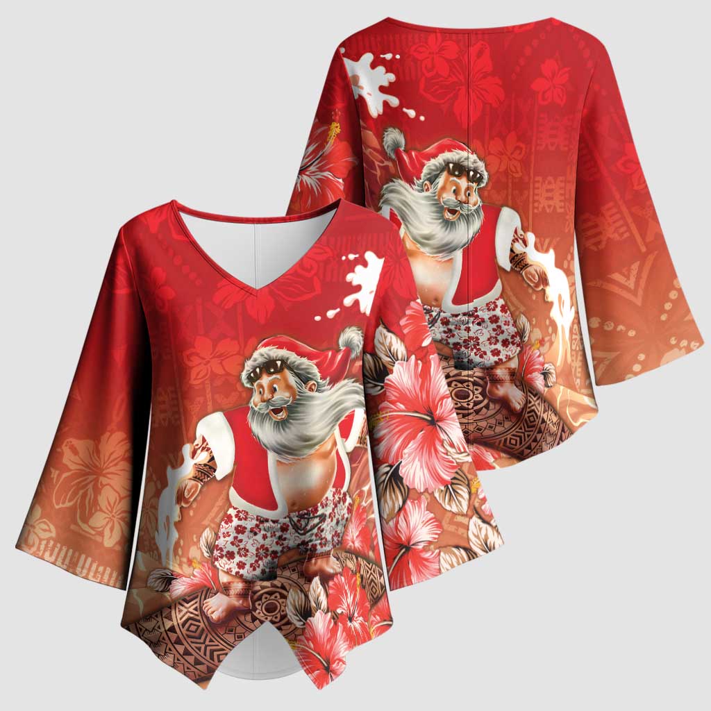 Hawaii Funny Christmas Kimono Sleeve Blouse Santa Surfing With Tapa Pattern LT05 - Polynesian Pride
