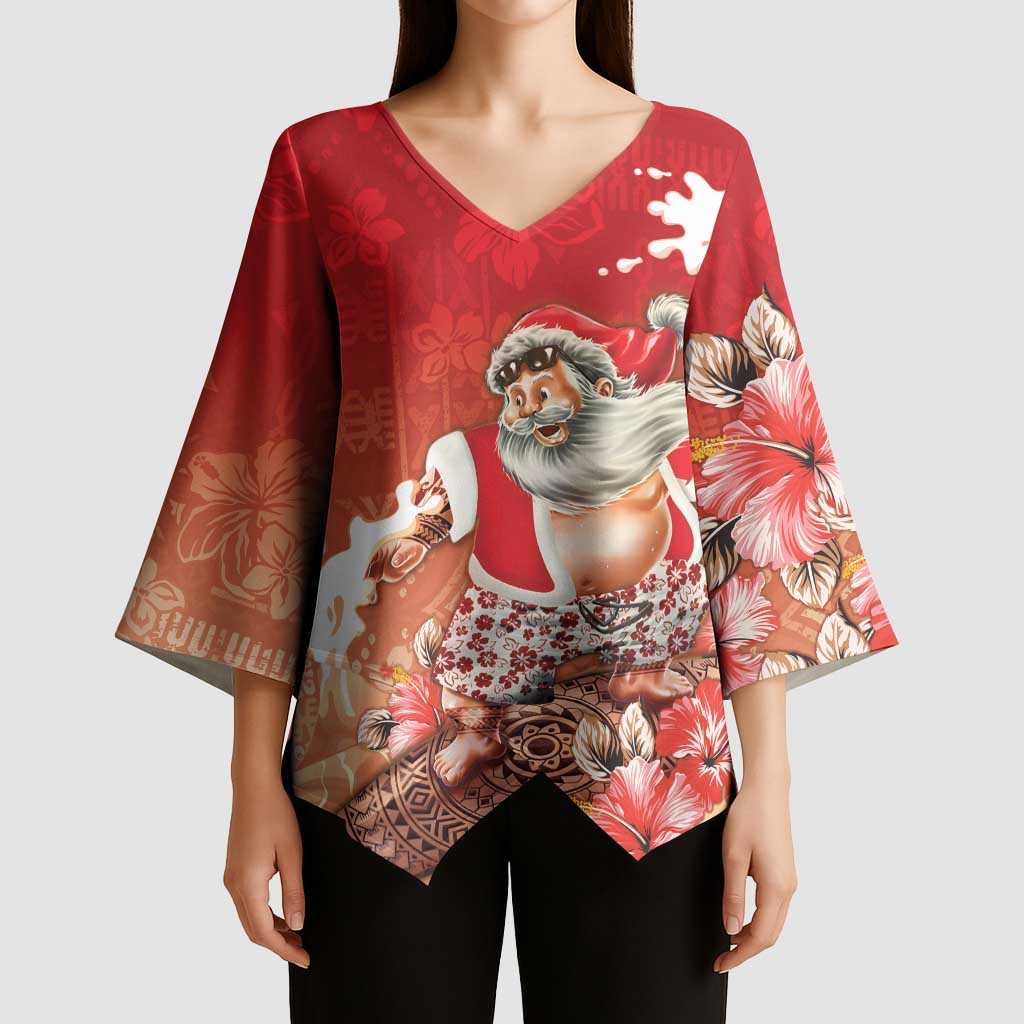 Hawaii Funny Christmas Kimono Sleeve Blouse Santa Surfing With Tapa Pattern LT05 - Polynesian Pride