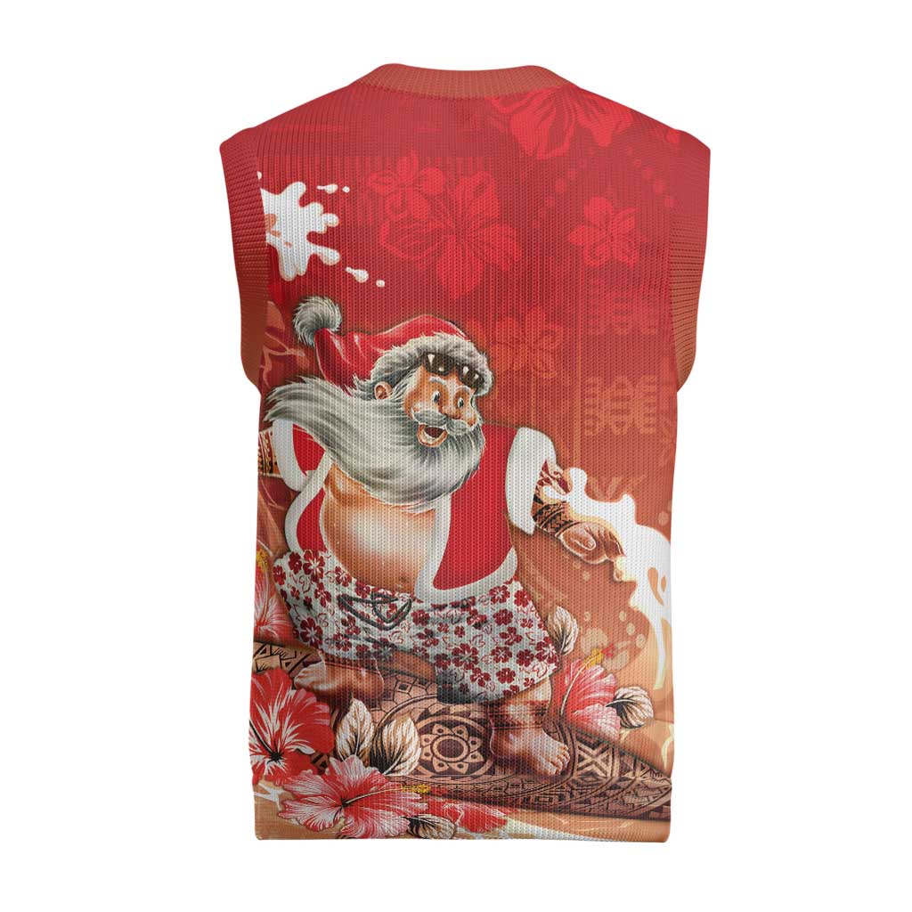 Hawaii Funny Christmas Knitted V-Neck Vest Santa Surfing With Tapa Pattern - Polynesian Pride