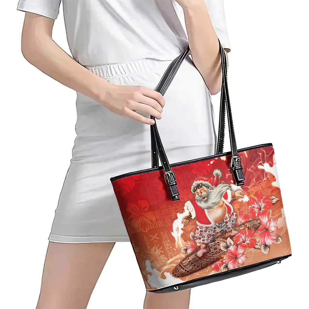 Hawaii Funny Christmas Leather Tote Bag Santa Surfing With Tapa Pattern - Polynesian Pride
