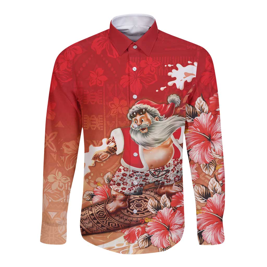 Hawaii Funny Christmas Long Sleeve Button Shirt Santa Surfing With Tapa Pattern LT05 Unisex Red - Polynesian Pride