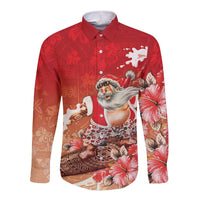 Hawaii Funny Christmas Long Sleeve Button Shirt Santa Surfing With Tapa Pattern LT05 Unisex Red - Polynesian Pride
