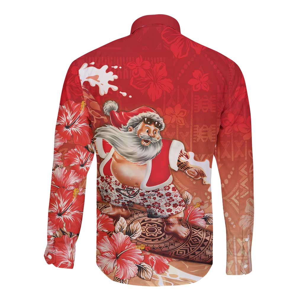 Hawaii Funny Christmas Long Sleeve Button Shirt Santa Surfing With Tapa Pattern LT05 - Polynesian Pride