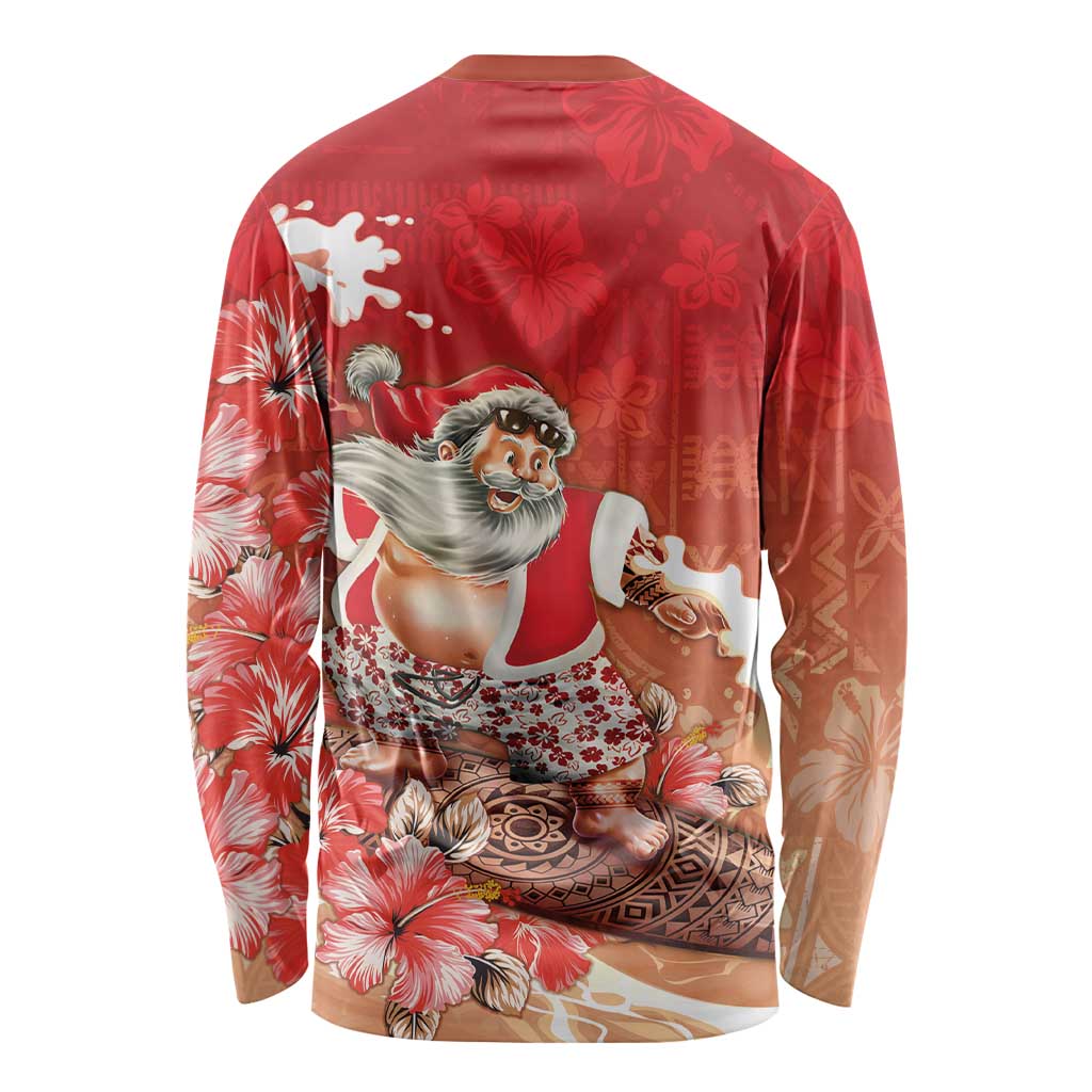 Hawaii Funny Christmas Long Sleeve Shirt Santa Surfing With Tapa Pattern LT05 - Polynesian Pride