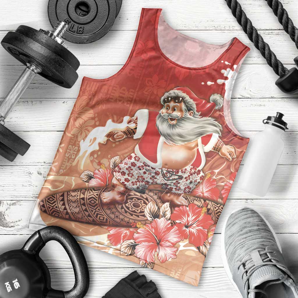 Hawaii Funny Christmas Men Tank Top Santa Surfing With Tapa Pattern - Polynesian Pride