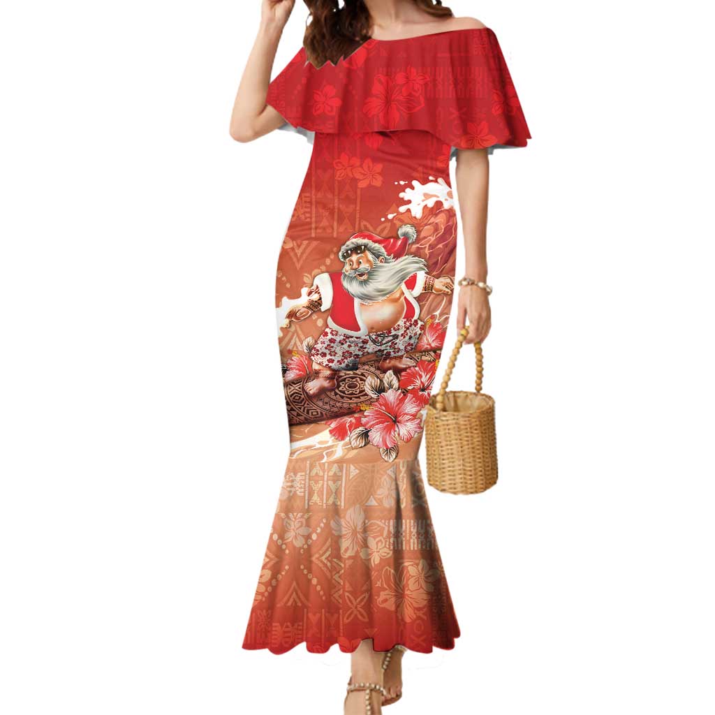 Hawaii Funny Christmas Mermaid Dress Santa Surfing With Tapa Pattern - Polynesian Pride