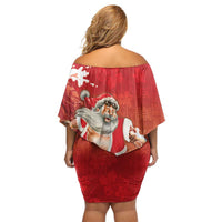 Hawaii Funny Christmas Off Shoulder Short Dress Santa Surfing With Tapa Pattern - Polynesian Pride