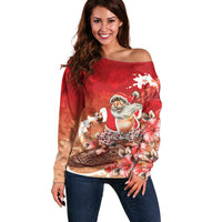 Hawaii Funny Christmas Off Shoulder Sweater Santa Surfing With Tapa Pattern - Polynesian Pride