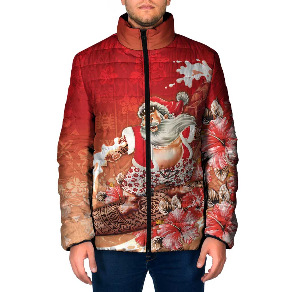 Hawaii Funny Christmas Padded Jacket Santa Surfing With Tapa Pattern LT05 Men Red - Polynesian Pride