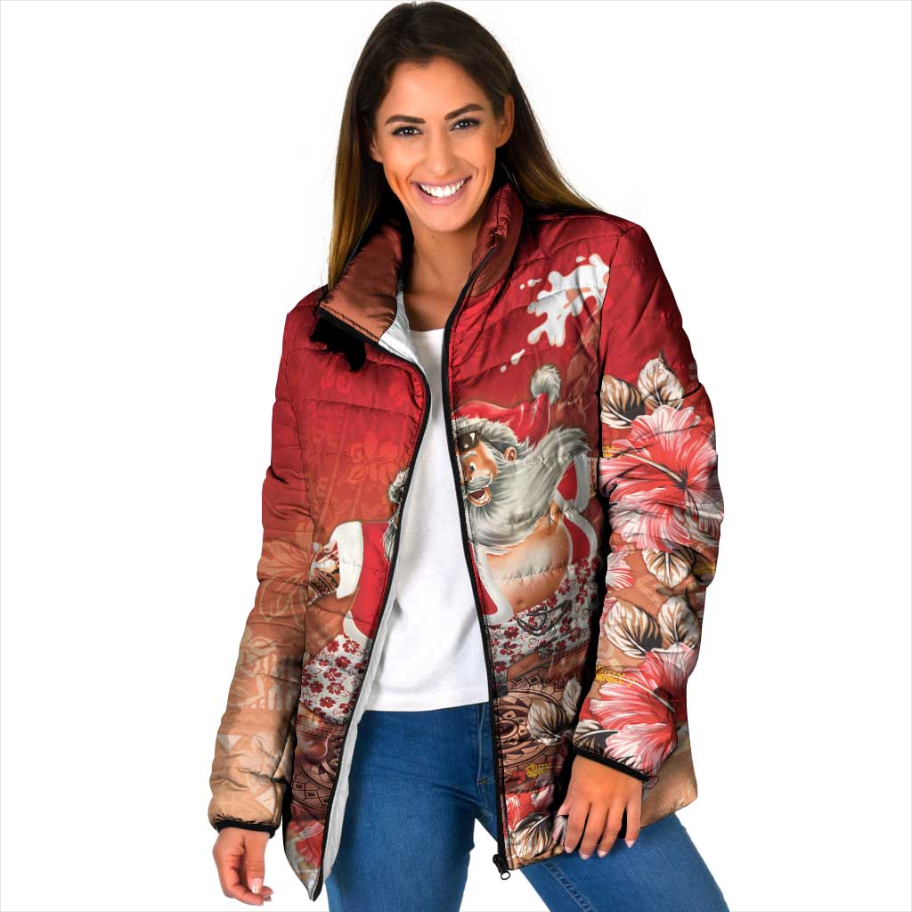 Hawaii Funny Christmas Padded Jacket Santa Surfing With Tapa Pattern LT05 Women Red - Polynesian Pride
