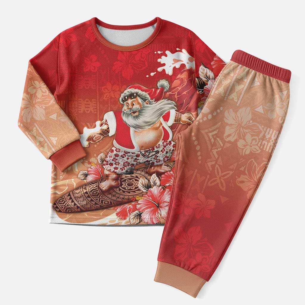 Hawaii Funny Christmas Pajama Set Santa Surfing With Tapa Pattern - Polynesian Pride