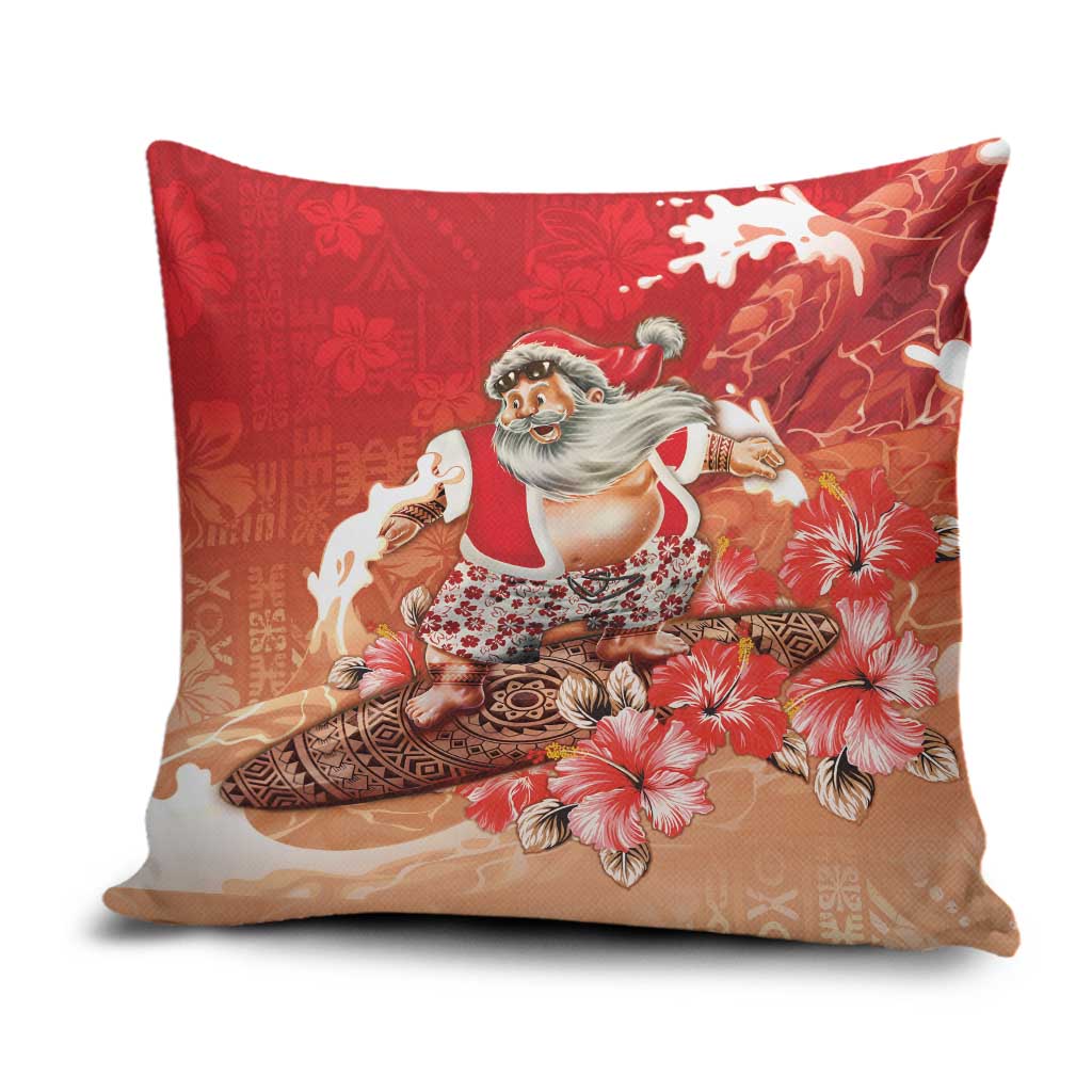 Hawaii Funny Christmas Pillow Cover Santa Surfing With Tapa Pattern - Polynesian Pride