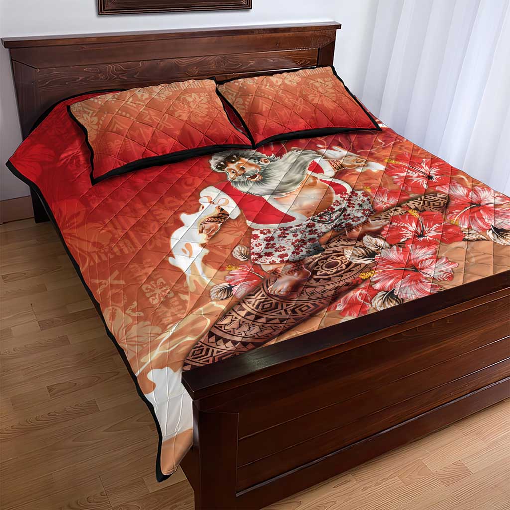 Hawaii Funny Christmas Quilt Bed Set Santa Surfing With Tapa Pattern - Polynesian Pride