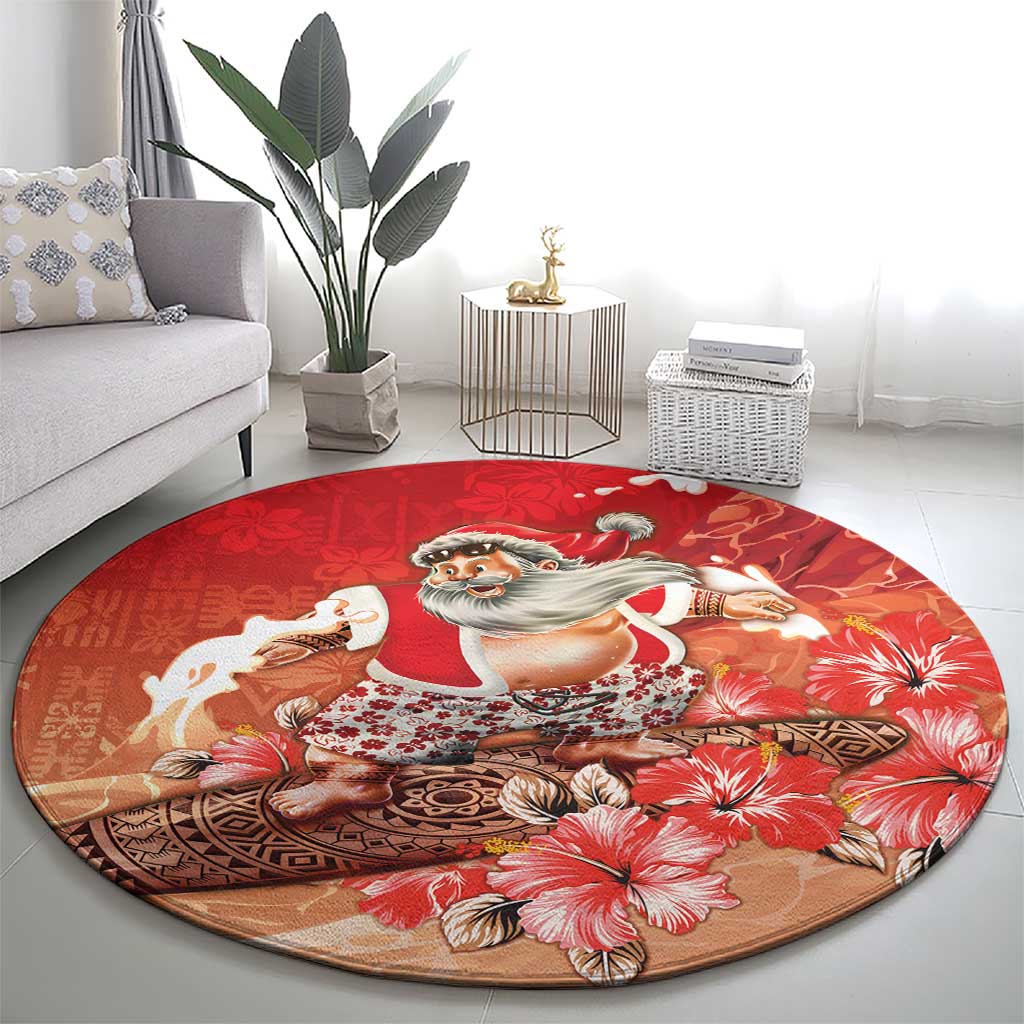 Hawaii Funny Christmas Round Carpet Santa Surfing With Tapa Pattern - Polynesian Pride