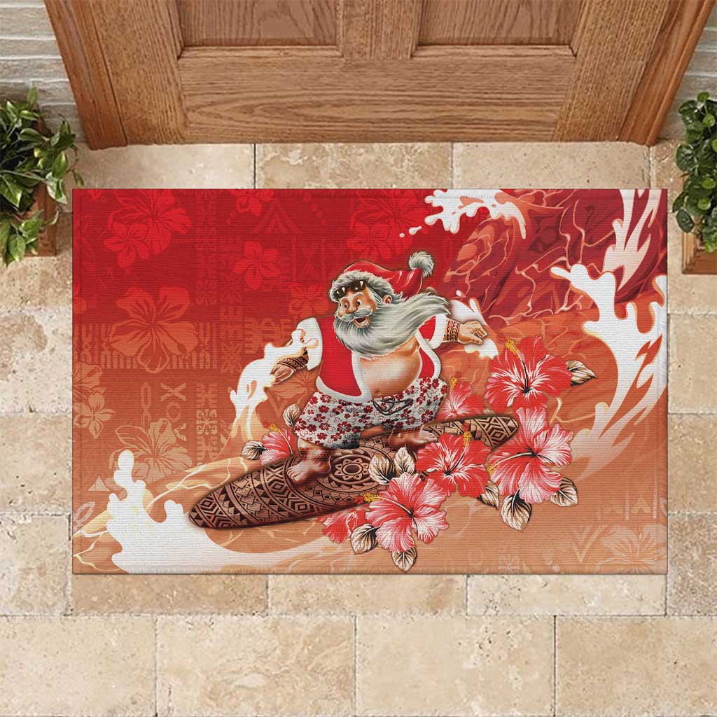 Hawaii Funny Christmas Rubber Doormat Santa Surfing With Tapa Pattern LT05 Red - Polynesian Pride