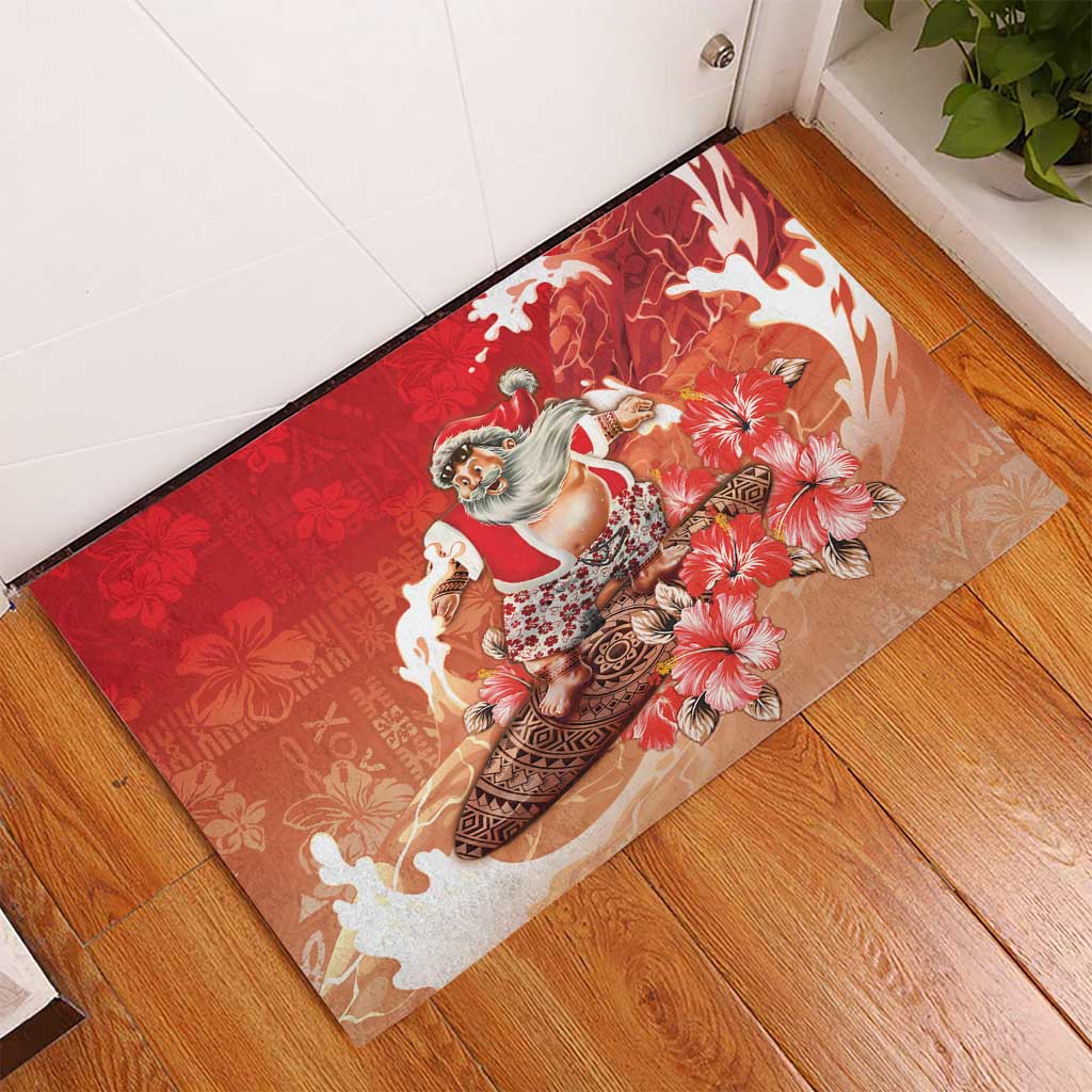 Hawaii Funny Christmas Rubber Doormat Santa Surfing With Tapa Pattern LT05 - Polynesian Pride
