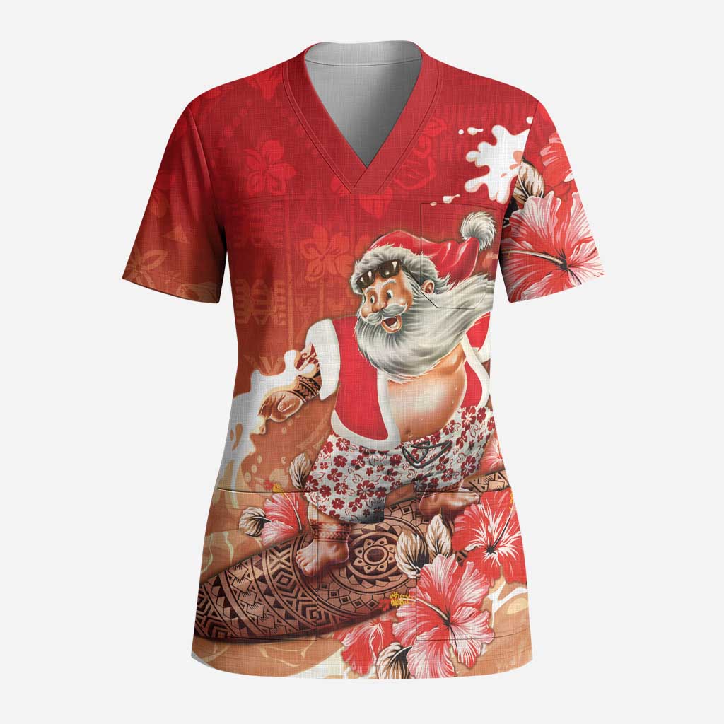 Hawaii Funny Christmas Scrub Top Santa Surfing With Tapa Pattern - Polynesian Pride