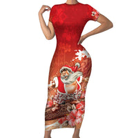 Hawaii Funny Christmas Short Sleeve Bodycon Dress Santa Surfing With Tapa Pattern - Polynesian Pride